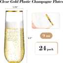 N9R 24PCS Plastic Champagne Flutes, 9 Oz Stemless Disposable Gold Rim Toasting Glasses, Crystal Clear Cocktail Cups Drinkware Shatterproof Ideal for Party Wedding Birthday