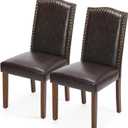DUMOS Upholstered Dining Chairs，Set of 2 PU Leather Dining Room Kitchen Chair with Nailhead Trim and Wood Legs, Modern Side Chairs for Living Room-Brown