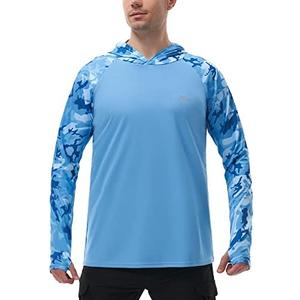 FISHEAL Men's Performance Fishing Hoodie Shirt with Thumbholes - UPF 50 Sun Protection Camo Long Sleeve Shirts Quick-Dry M Blue