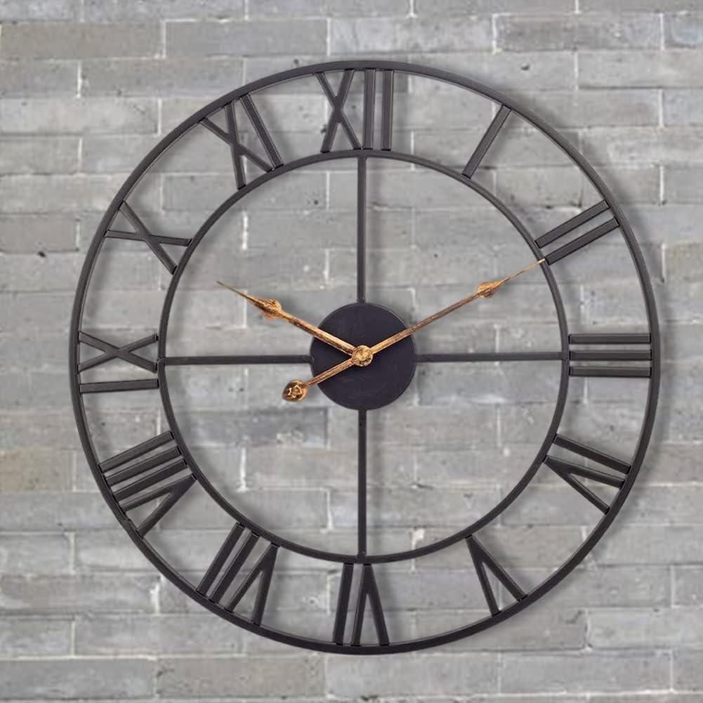 Large Industrial Wall Clock with Roman Numerals, Indoor Silent Non-Ticking Retro Clock, Vintage Metal Decorative Black Metal Art Clock Battery Operated for Home Kitchen Cafe Hotel Office Decor (24in, Gold)