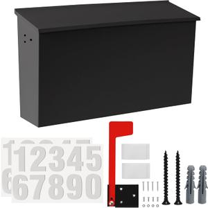 TonGass Wall Mount Mailbox for Outside, Metal Wall Mounted Mailbox with Flag and Number Stickers, Large Capacity Mail Box for House, Carbon Steel, Front Access, 15.74"x9.44"x4.72" - Black