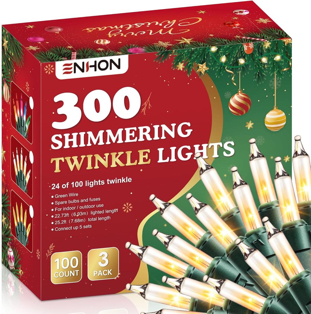 Enhon 3 Pack Twinkling Christmas Lights, 76.2 FT 72 of 300 Random Twinkle Bulbs, Christmas String Lights Connect up to 5 Set, Waterproof Outdoor Indoor Decorations (White)