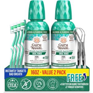 GuruNanda Fresh Breath Mouthwash, ADA-Accepted, Alcohol & Fluoride-Free, Sodium Chlorite, Essential Oils & Vitamins, 12-Hrs Fresh Breath, Wild Mint, 16 oz - 2 Pack