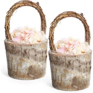 LemonRoad 2 Pcs Flower Girl Basket Retro Wooden Bark Style Small Baskets with Handles for Wedding Floral Decoration Wedding Flowers Candy Storage and Home Decoration (Mini)
