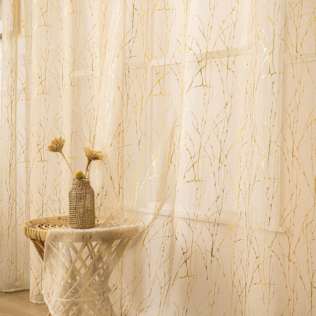 Deeprove Beige Sheer Curtains 84 inchs Long 2 Panels Set, Tree Branch Gold Foil Print Metallic for Bedroom Abstract Christmas Decor,Voile Window Treatment Drapes Pair, Rod Pocket, W52 x L 84"