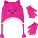 Girls Winter Cat Ear Beanie Hat and Gloves Set Kids Knitted Earflap Cap Mitten Set for Ages 3-7