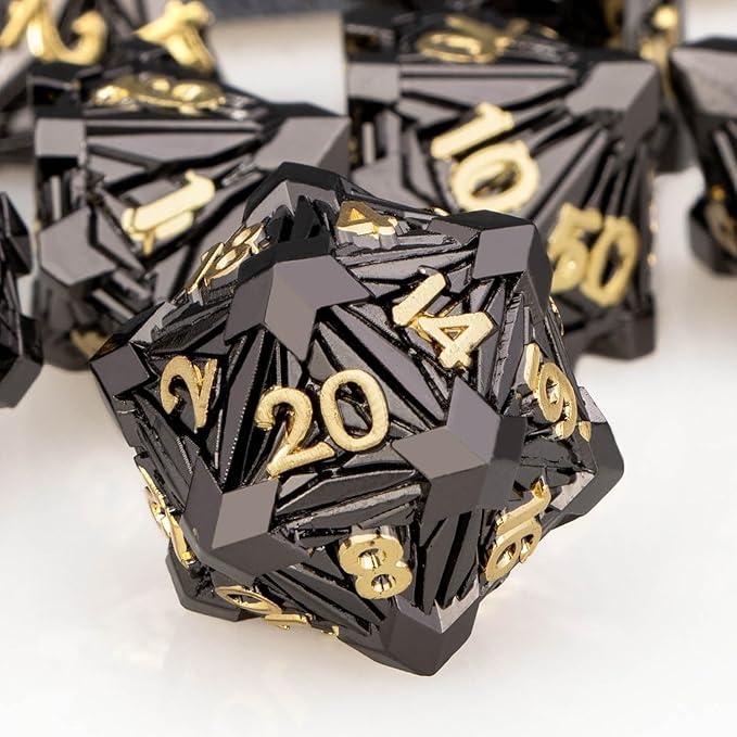 ORIFANTOU 7PCS Metal DND Dice Set with Box, Debris RPG Black Gold D and D Dice for use with D&D Tabletop Games Role Playing Game Polyhedral Dice Set D20 D12 D10 D8 D6 D4