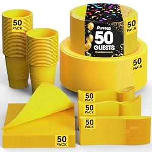 Pureegg Yellow Plastic Plates Set - 350 Pcs Complete Dinnerware Sets for 50 Guests, Disposable Plates, Utensils, Cups, Napkins Included, for Party, Gathering, Wedding, Daily Use