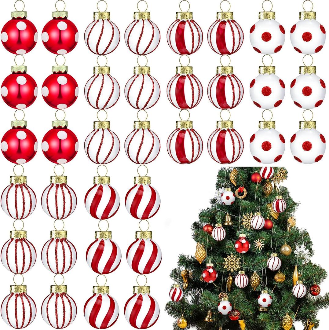Zhanmai 36 Pcs Red and White Mini Christmas Ball Ornaments 1 Inch Glass Candy Balls Miniature Ornaments Hanging for Christmas Tree Holiday Party Decoration