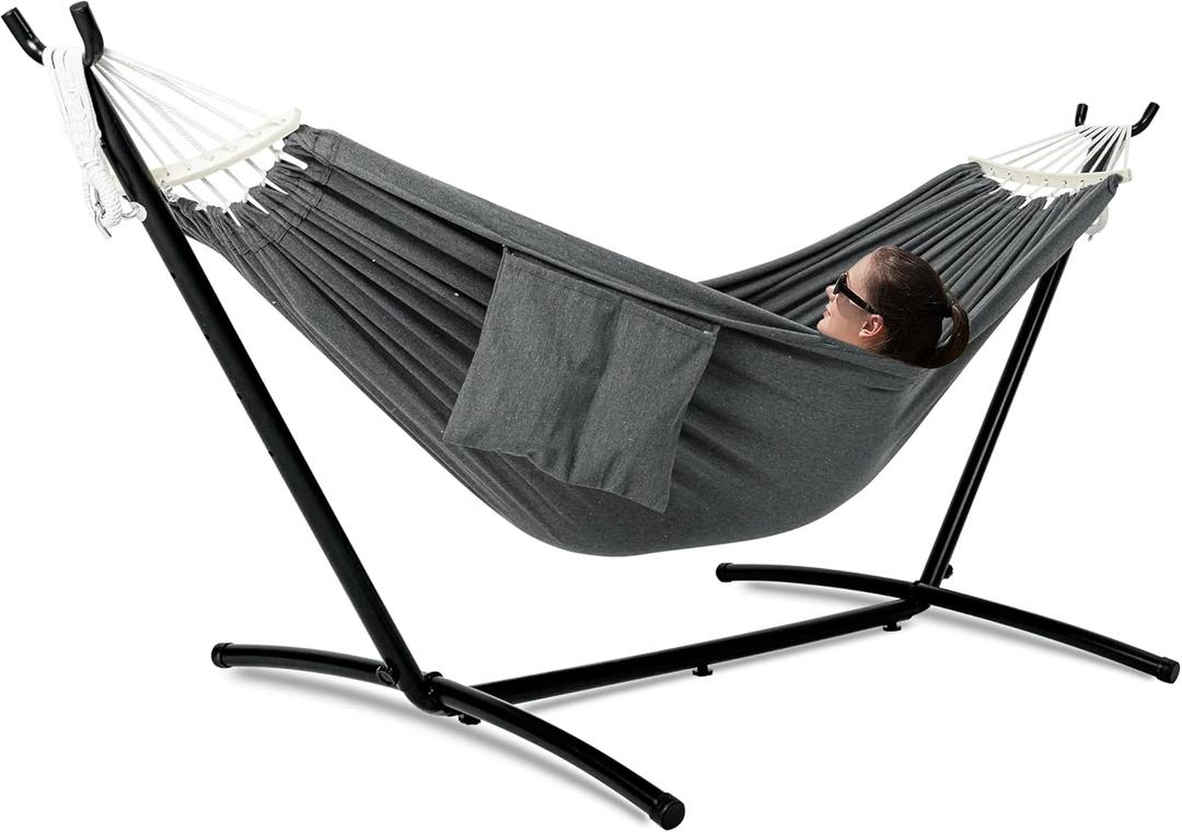 GAFETE Double Hammock with Stand for Outside, Upgraded Spreader Bar, Heavy Duty Space Saving Steel Stand 2 Person, Side Pocket, Easy Assembly, 600lbs Weight Capacity, Indoor & Outdoor (Dark Grey)