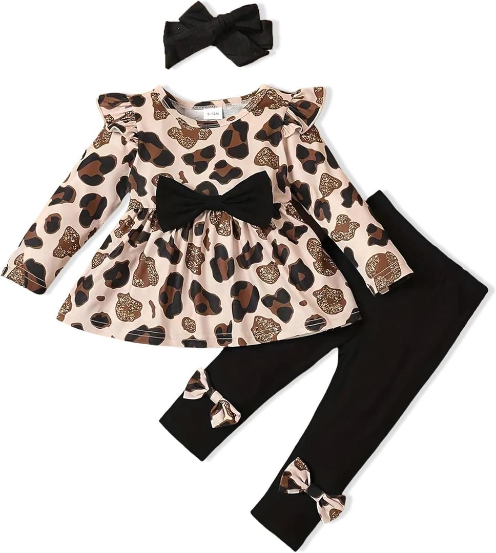 Toddler Baby Girl Clothes Infant Girl Outfits Fall Ruffle Floral T-Shirt Top Pants Set Winter Spring Clothes (12-18 Months, Leopard+black)