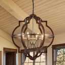 31.5'' 8-Light Farmhouse Chandelier for Dining Room Vintage Rustic Oak Brown Wood Pendant Light Fixtures Globe Hanging Ceiling Lighting for Hallway Entry