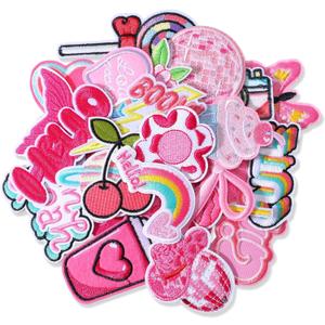 32 Pcs Iron on Patches for Girls - Pink Random Assorted Styles Embroidered Patches DIY Sew Applique Cute Repair Patch for Clothes, Backpacks, Jackets, Jeans, Hats