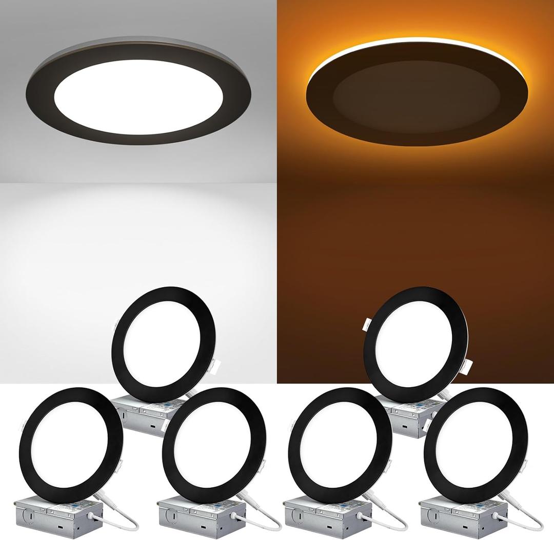 ZYC Canless LED Recessed Lighting 6 Inch 6 Pack 5CCT Ultra-Thin Downlight Lights with Night Light Mode,12W 1100LM Dimmable Retrofit Wafer Recessed Ceiling Light,1800K to 6000K ETL,FCC (Black)
