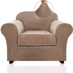 PrinceDeco Velvet Plush Couch Cover Stretch 2 Piece Chair Cover Chair Slipcover Washable Furniture Protector Couch Soft with Elastic Bottom Armchair Cover Width Up to 49 Inch(Small, Camel)