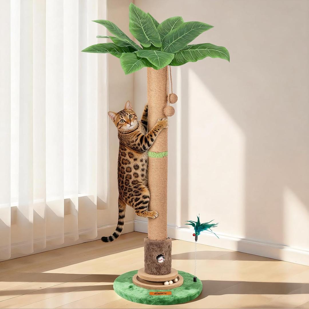 Cat Scratching Post, Famifit 39" Nature Sisal Cat Scratch Post for Indoor Cats, Large Cat Scratcher with Cat Toy Mouse Hole & Interactive Wooden Ball for Kittens Adults Cats (Green)