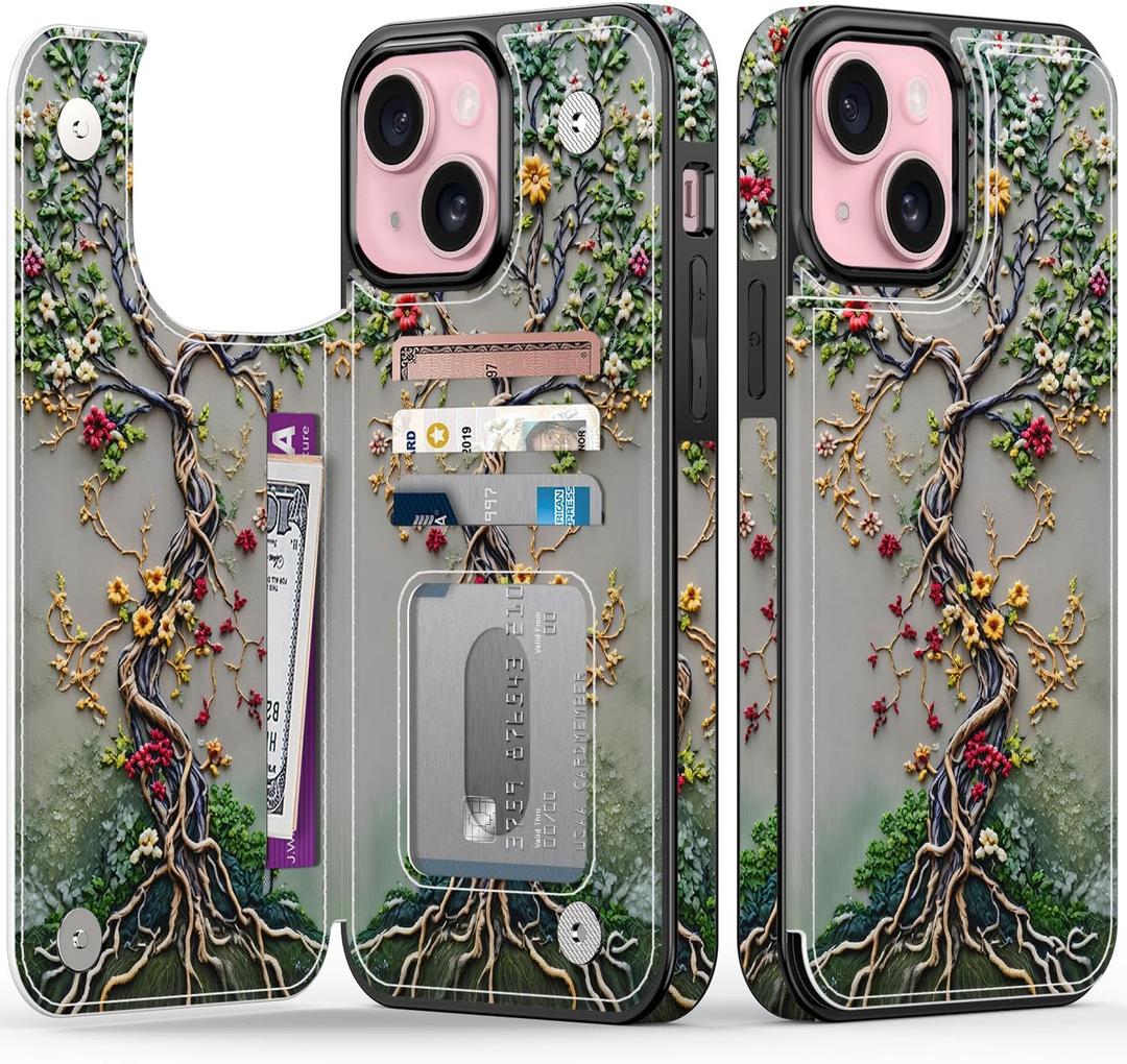 FUNMIKO for iPhone 15 Plus Wallet Case with Card Holder + Cash Clip, RFID-Blocking, Military-Grade Drop Protection & UV-Printed Artwork, Magnetic Closure with Kickstand - Blooming Tree of Life