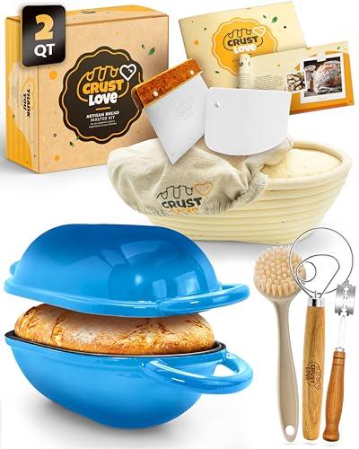 CRUSTLOVE Loaf Pan for Bread Baking - incl Sourdough Bread-Baking Supplies like Banneton Bread-Proofing Basket - 2QT Enameled Oval Cast Iron Dutch Oven, Bread-Oven, Sour Dough Bread-Banking-Pan Tools