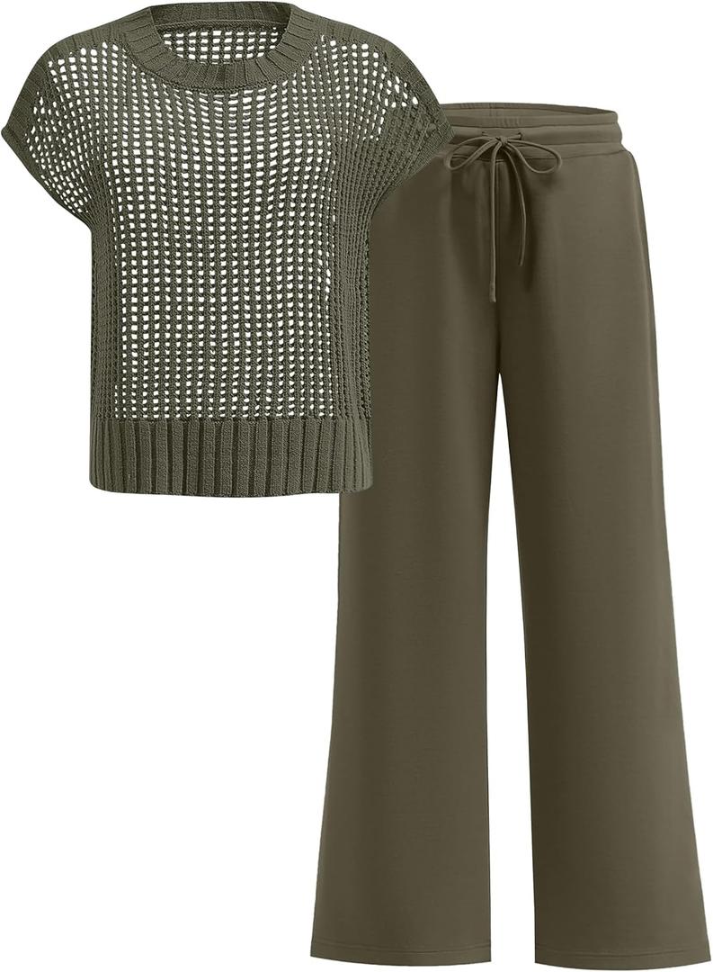 ANRABESS Women Two Piece Outfits Crochet Sheer Knit Sweater Top Wide Leg Pants Lounge Matching Sets Sweatsuit Travel Clothes Army Green X-Large