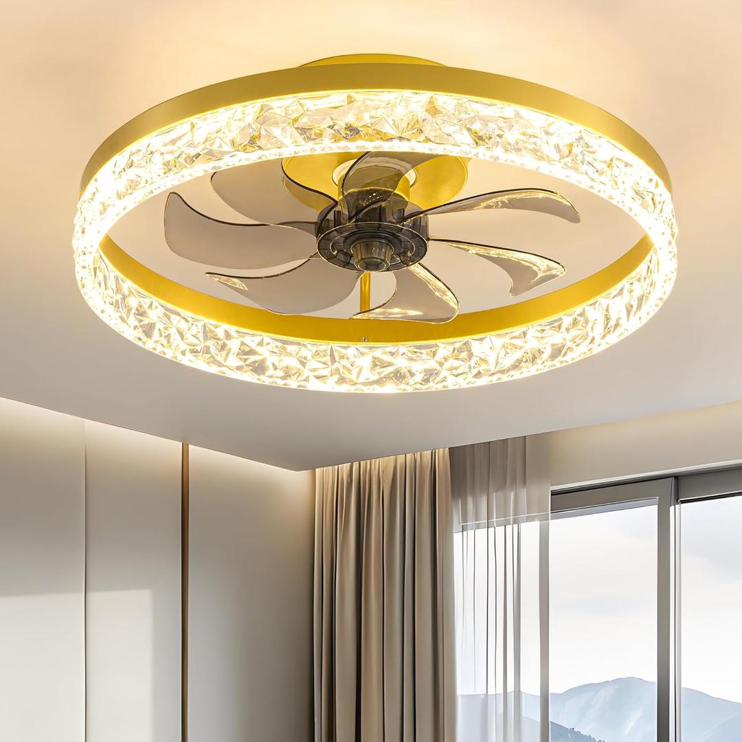 KDG 15.8" Low Profile LED Ceiling Fans with Light, Reversible Flush Mount with Remote and 6 Winds Speeds Fan Lighting, 3 Colors Dimmable for Bedroom, Living Room, Kids, Dinning Room, Kitchen (Gold)
