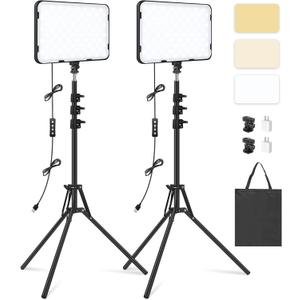 2 Pack LED Video Light with 63'' Tripod Stand, Obeamiu 2500-8500K Dimmable Photography Studio Lighting for Video Film Recording/Collection Portrait/Live Game Streaming/YouTube Podcast, USB Charger