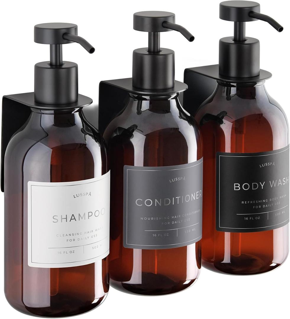 Shower Shampoo Dispenser Wall Mounted 3 Refillable 16.9 oz Amber Bottles with Stainless Steel Pumps & No-Drill Adhesive Holders Soap Dispenser Set for Bathroom (3 X Amber/Black)