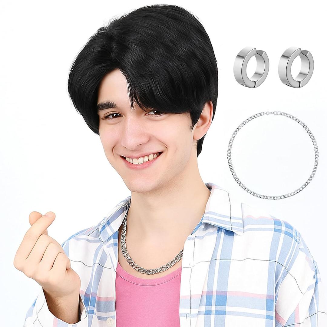 Short Black Cosplay Wig for Men with Side Bangs - Anime Cosplay Wigs for Mens Halloween Costume Party (Black)