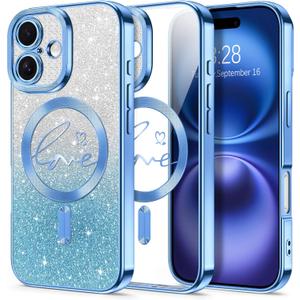 Hython for iPhone 16 Plus Case Glitter, Compatible with MagSafe Love Heart Magnetic Clear Phone Cases for Women Girls, Full Camera Protection Sparkle Plating Shockproof Protective Cover, Light Blue