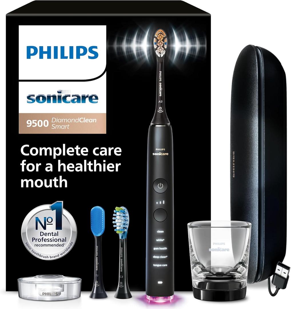 Philips Sonicare DiamondClean Smart 9500 Electric Toothbrush - Sonic Toothbrush with App, Pressure Sensor, 15 Brushing Settings, Replacement Reminder, USB Charging Travel Case, Black, Model HX9923/11
