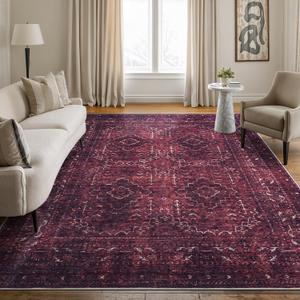 Bloom Rugs Washable Non-Slip 6' x 9' Rug - Dark Red Traditional Bordered Area Rug for Living Room, Bedroom, Dining Room, and Kitchen - Exact Size: 6' x 9'