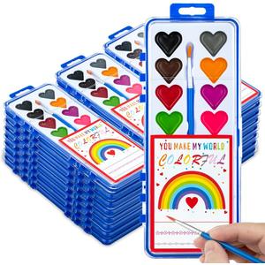 Valentines Day Gifts for Kids, 24 Pack Watercolor Paint Set with Paintbrush for Kids, Prizes Exchange Gifts Valentines Party Favors for Preschool Classroom School