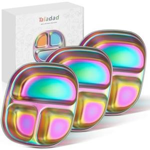Taladad 3Pack Stainless Steel Kids Plates, Kids Toddlers Babies Tray, Balanced Bites Divided Plates for Toddlers, BPA Free, Portion Control Plate, Dinner Snack, 3 Compartment Plate