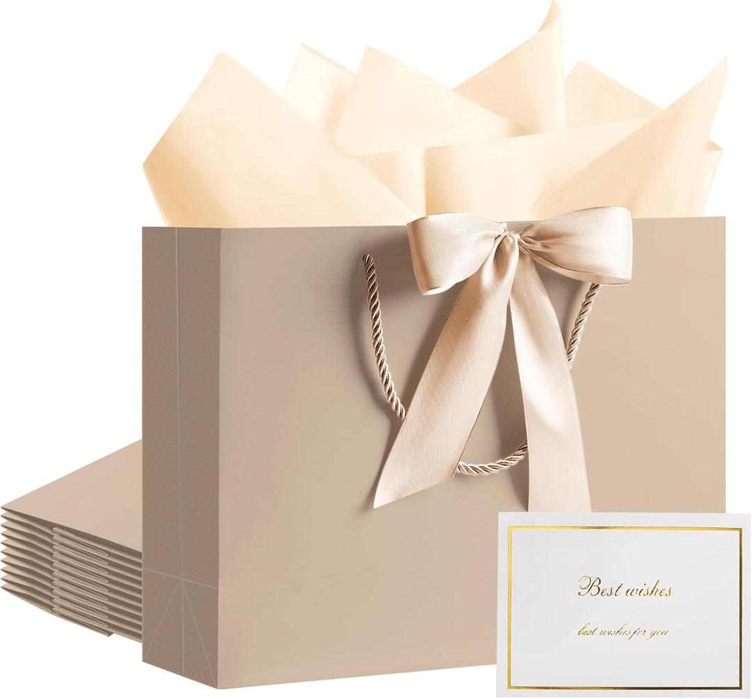 PASEOTA 12.6" Gift Bags Bulk, 10 Pcs Gift Bags with 20 Tissue Paper 10 Greeting Cards, Luxury Bag with Handles for Wedding Birthday Valentines Day (Champagne)