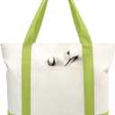 TOPDesign 3-Pack Canvas Tote Bags with an External Pocket, Reusable Grocery Shopping Bags, Top Zipper Closure, Daily Essentials (Light Green/Natural)
