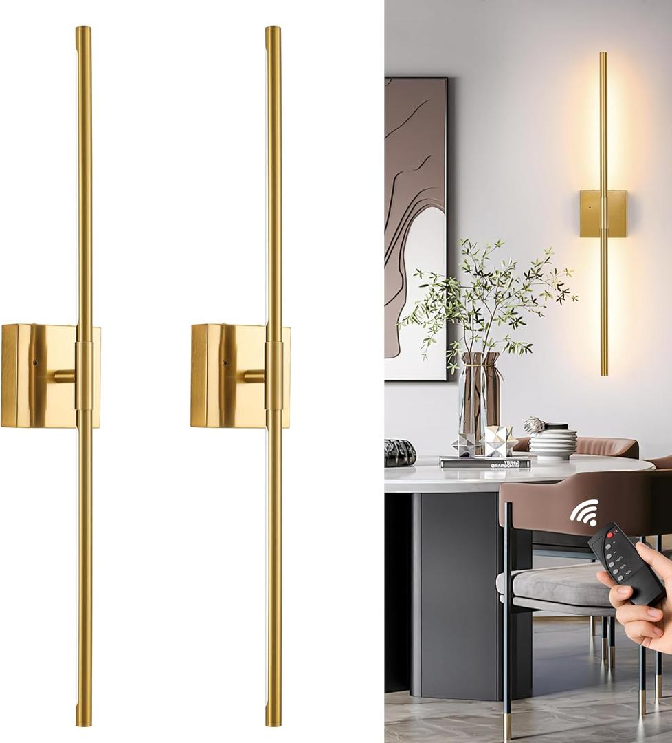 Gold Battery Operated Wall Sconces, Dimmable Wall Sconces with Remote Control, Rechargeable Sconces Wall Lighting, 24 LED Wireless Wall Lights for Bedroom, Living Room, Bathroom, Hallways