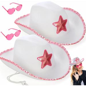 2 Pack White Cowgirl Hat with Heart Sunglasses, Cowboy Hat with Pink Sequin Star, Preppy Cowgirl Costume Accessories with Adjustable Neck Draw String for Women, Halloween, Dress Up Party