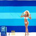 WIWIGO Beach Blanket Sandproof Extra Large Beach Mat Adults Waterproof Quick Drying Sand Free Mat Made by Premium Polyester with 4 Stakes & 4 Corner Pockets for Outdoor Travel Camping Hiking (108"X 120", 5 Blue Striped)