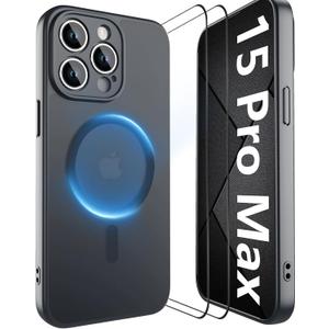 YFEMLAZ Magnetic for iPhone 15 Pro Max Case,with Screen Protectors X2,Full Camera Protection,Compatible with MagSafe,Translucent Matte,Anti-FingerprintShockproof Protective Phone Case,6.7",Black