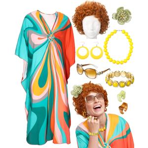 Landlady Costume Including Caftan Dress Curly Wig Necklace Earring Sunglasses Rings Hair Clip for Halloween Cosplay (Retro Swirl)