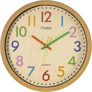 Foxtop Silent Kids Wall Clock 12 Inch Non-Ticking Battery Operated Colorful Childrens Clock for Classroom Playroom Nursery Bedrooms Kids Room School (Yellow)