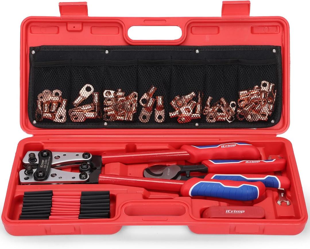 iCrimp Battery Cable Lug Crimping Tool Kit for 8-1/0 AWG,Cutter & Stripper | battery Terminal Crimper- 63pcs Copper Lugs & 25pcs Heat Shrink Tubes, Variable