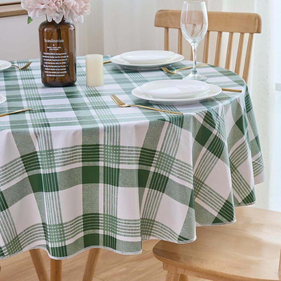 NLMUVW 48 Inch Round Vinyl Tablecloth with Flannel Backing, Small Waterproof PVC Table Cloth Wipe Clean Table Cover for Dining Party Camping Outdoor, Green Check