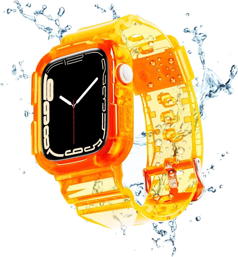 Blingbrione Case With Band Compatible for Apple Watch 45mm 42mm 44mm Clear Orange, Shockproof Protective Bumper Cover With Silicon Jelly Soft Wristband For iphone Watch Series 8 7 6 5 4 3 2 1 SE.iwatch