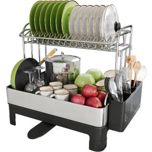 Extra Large Two Tier Stainless Steel Dish Drainer Drying Rack with Drainboard for Kitchen Counter, Modern Black and Silver, Rust Proof Metal, Space Saving Double Countertop Big Plates Dryer and Tray