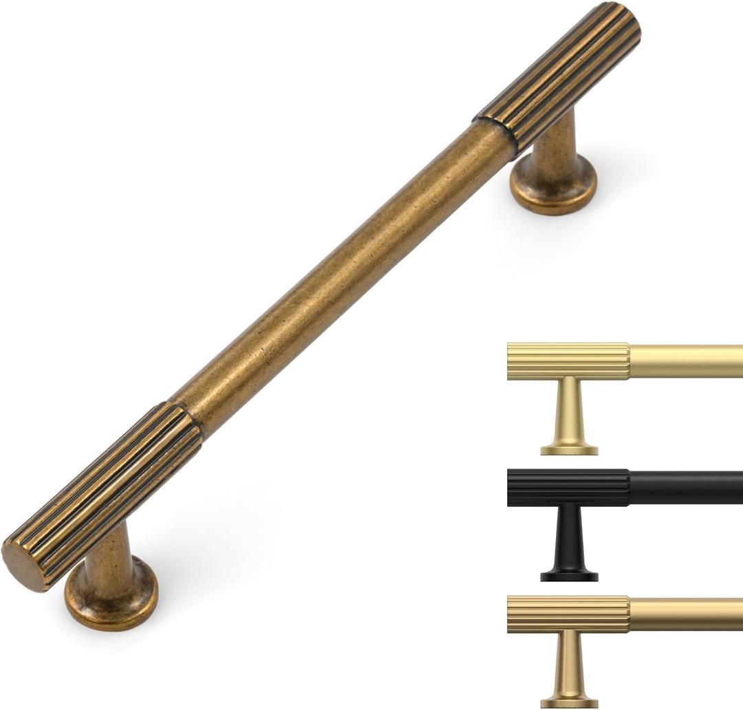 10 Pack 5 Inch Cabinet Pulls Antique Brass Kitchen Cabinet Handles Retro Cabinets Hardware Vintage Drawer Pulls (5"/128MM Hole Center)