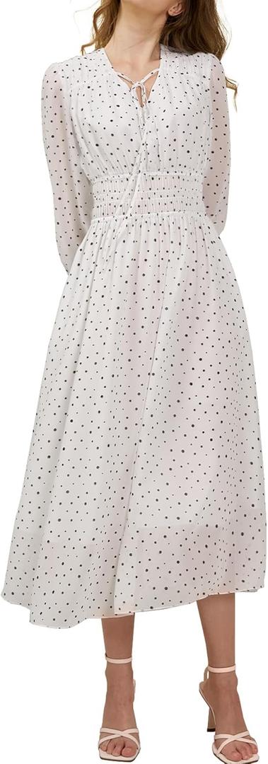 Women's Chiffon Long Sleeve Flowy Dress Spring 2025 Casual V Neck Smocked Waist Midi Dresses with Pockets (Large, White With Polka Dot)