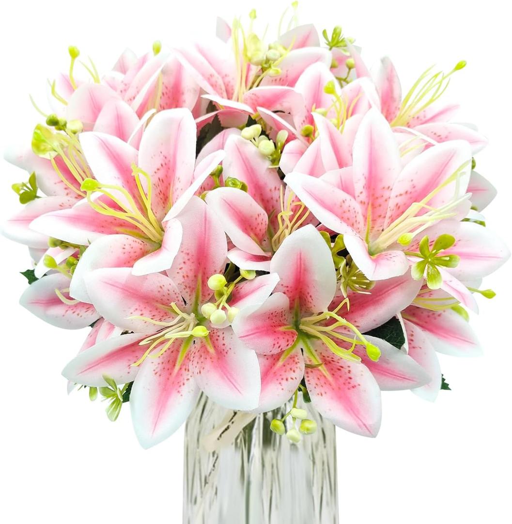 4 Bundles Artificial Tiger Lily Silk Flowers Faux Fake Lilies Plants for Wedding Bouquet Home Party Indoor Table Hotel Office Vases Floral Arrangements Outdoor Garden Decor (Pink)