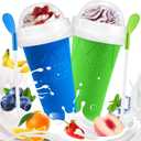 Slushie Cup, 2 Pack Slushy Maker Cup, Frozen Magic Squeeze Cups for Juice Milk Yogurt Ice Cream Make, DIY Smoothie Cooling Cup with Lid & Straw for Kids Friends Family (Blue+Green)