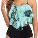 Womens Tankini Swimsuits Ruffled Tank Top Tummy Control Floral Modest Swimwear High Waisted Bikini (Large, Green Gold)