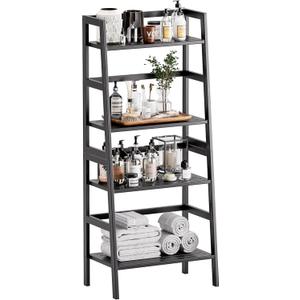 HITNET Black Bookshelf, 4-Tier Ladder Shelf, Freestanding Leaning Bookcase with Bamboo Shelves, Space Saving Flower Plant Stand for Small Space
